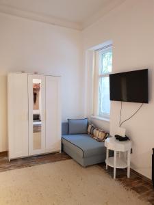 een woonkamer met een blauwe bank en een flatscreen-tv bij Brand New Garden Flat / Free Parking in Boedapest