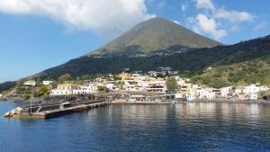 a small town on the water with a mountain at Salina Acroeoliano monolocale panoramico in Leni