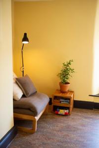 een kamer met een bed en een tafel met een plant bij The Leaping Salmon in Yelverton