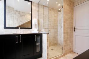 a bathroom with a shower, sink, and mirror at Hotel Saint-Louis Marais in Paris