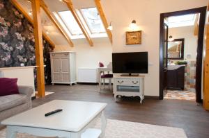 ブラショヴにあるArina Apartmentsのソファとテレビのあるリビングルーム