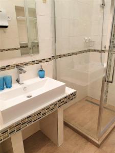 a bathroom with a sink and a shower at Madana apartman in Budapest