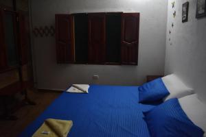 Cama azul en habitación con ventana en Posadas Ecoturisticas Seineken, en El Zaino