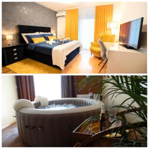 um quarto e um quarto com uma cama e uma banheira em Jacuzzi studio apartman Mare's em Zagreb