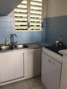 a kitchen with white cabinets and a sink and a window at Paradis Caraïbes in Sainte-Anne