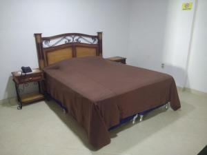 a bed with a brown bedspread and two night stands at Hotel Boggiani in Asuncion