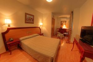 a bedroom with a bed and a flat screen tv at Hotel Torrezaf in Torre del Campo