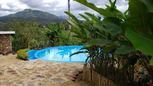 a swimming pool in a garden with mountains in the background at El Recreo Hogar Campesino in Icononzo