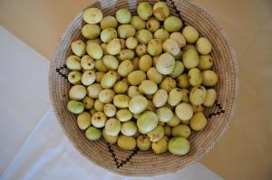 ein Korb mit grünen und gelben Früchten auf einem Tisch in der Unterkunft Ongula Village Homestead Lodge in Omupumba