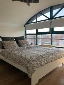a bed in a room with a large window at Romantic studio with jacuzzi in Prague