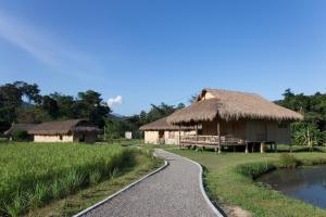 a path leading to a hut with a thatch roof at Lisu Lodge in Mae Taeng