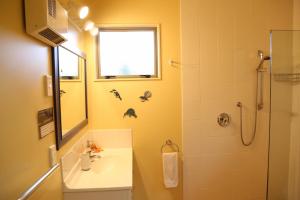 a bathroom with a sink and a shower with a mirror at Gems Seaside Lodge in Ahipara