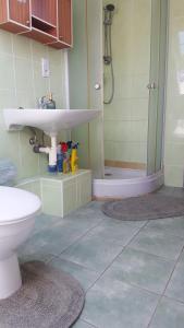 a bathroom with a sink and a shower and a toilet at Ubytovanie Aďka in Levoča