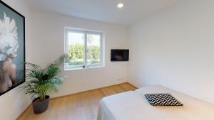 een witte kamer met een bed en een raam bij Lieblingsplatz Neusiedl Appartement - Entspann dich in Neusiedl am See