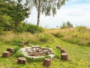 a fire pit in the middle of a field with tree stumps at 6 person holiday home in Knebel in Knebel