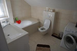 a bathroom with a sink and a toilet and a washing machine at Villa ‘Stone Chair’ in Sarajevo, Vogosca in Vogošća