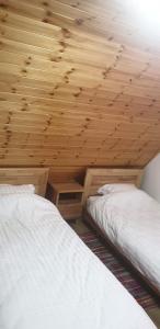 two beds in a room with a wooden ceiling at Bujtinat e lugines Valbone in Valbonë