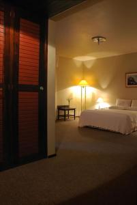 a bedroom with a bed and a table with a lamp at Planalto Hotel in Canoinhas