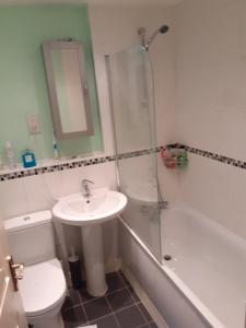 a bathroom with a toilet and a sink and a shower at Double Room in Honiton House in Hendon