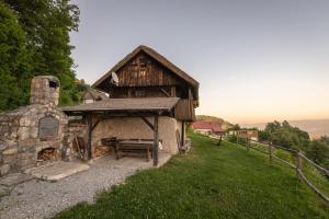 um edifício numa colina com um banco à frente em Vineyard Cottage Skatlar em Otočec