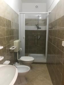 uma casa de banho com um chuveiro, um WC e um lavatório. em Il Convivio Affittacamere em Rofrano