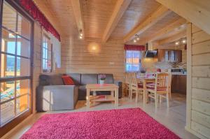 a living room with a couch and a table with a pink rug at DOMKI NA WCZASOWEJ in Szczyrk