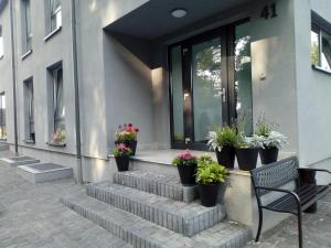 Villa Centrum في غدانسك: مبنى به نباتات الفخار على الخطوات