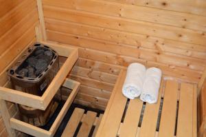 einen Blick über eine Sauna mit zwei Handtüchern in der Unterkunft Hotel Petr in Karlsbad