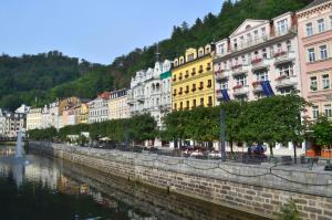 a city street with buildings and a river at Hotel Palacky in Karlovy Vary