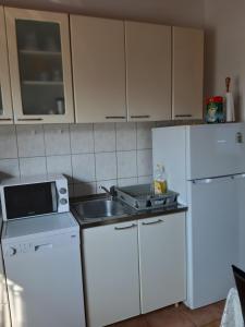 a kitchen with white appliances and a sink and refrigerator at Apartment NATUR in Zagreb