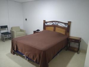 a bedroom with a bed and a chair in a room at Hotel Boggiani in Asuncion