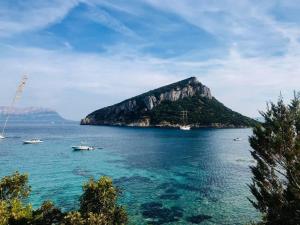 a small island in the middle of the water with boats at La Vecchia Posta B&B in Calangianus