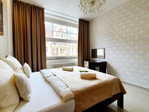 sypialnia z dużym łóżkiem i oknem w obiekcie Madonna Apartments w Karlowych Warach