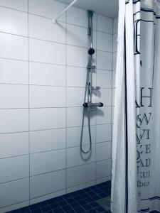 a bathroom with a shower with a shower curtain at Golden Hostel in Järfälla