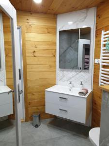 a bathroom with a white sink and a mirror at Zacisze pod Halami in Szlachtowa
