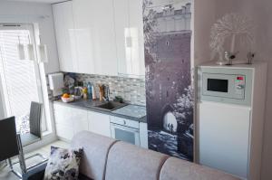 a kitchen with a couch and a sink and a microwave at Apartament Marzanna II in Sandomierz