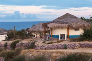 una casa con techo de paja en la playa en Palapas Ventana, en La Ventana