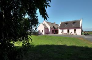 a pink house with a grassy field in front of it at Behan's Lodge in Doonbeg