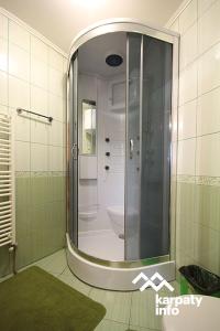 a bathroom with a shower and a large mirror at Hotel Zlagoda in Lazeshchyna