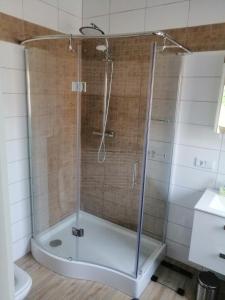 eine Dusche mit Glastür im Bad in der Unterkunft Kuldigas Holiday House in Kuldīga