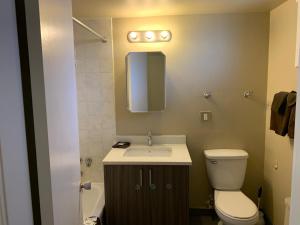 a bathroom with a toilet and a sink and a mirror at Okanagan Royal Park Inn by Elevate Rooms in Vernon