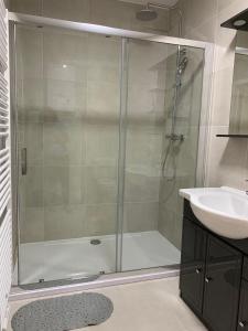 una ducha con una puerta de cristal junto a un lavabo en Modern Apartment First Floor, en Bruselas