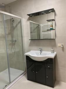 y baño con lavabo y ducha. en Modern Apartment First Floor, en Bruselas