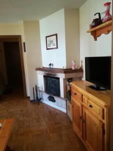 uma sala de estar com lareira e uma televisão de ecrã plano em Appartamento Paolo em Lavarone