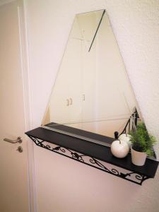 a glass pyramid shelf on a door with a plant at City Apartments in Göttingen