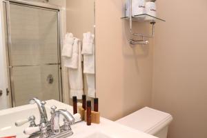 bagno con lavandino, servizi igienici e specchio di Charming Studio in Boston Brownstone, #6 a Boston