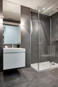 a bathroom with a glass shower and a sink at Apartamento Principe Pio in Madrid