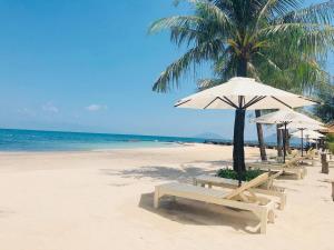 una playa con sillas y sombrillas y el océano en Gold Coast Phu Quoc Beach Resort en Phu Quoc