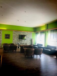 a living room with green walls and a couch and chairs at Parkhotel Schotten in Schotten