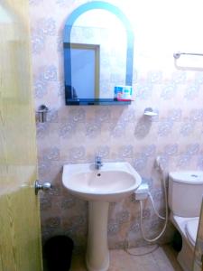 a bathroom with a sink and a toilet and a mirror at 59B Rest Inn Ella in Ella